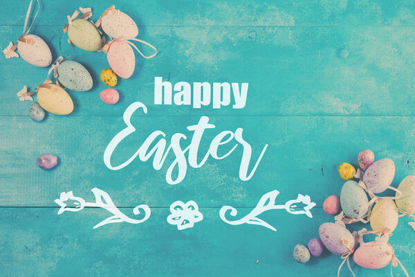 Easter eggs on bright blue background