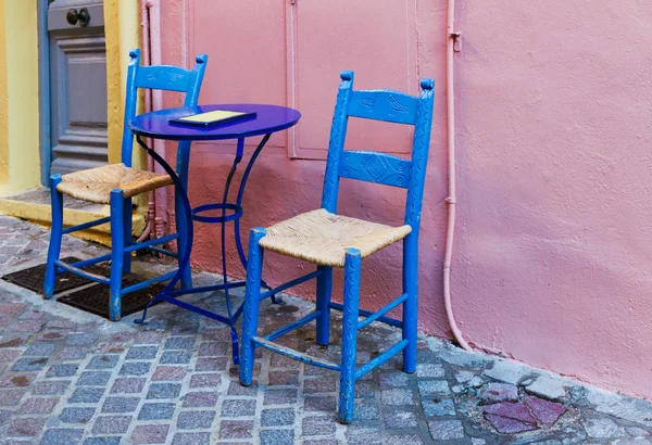 Cafe with blue chairs, Crete, Greece — Stock Photo, Image