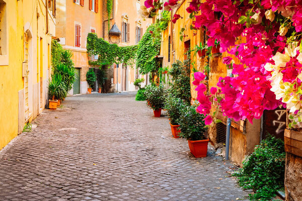 View of old town italian street in Trastevere with flowers, Rome, Italy, retro toned