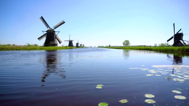 Holländische Windmühle über Flusswasser — Stockvideo