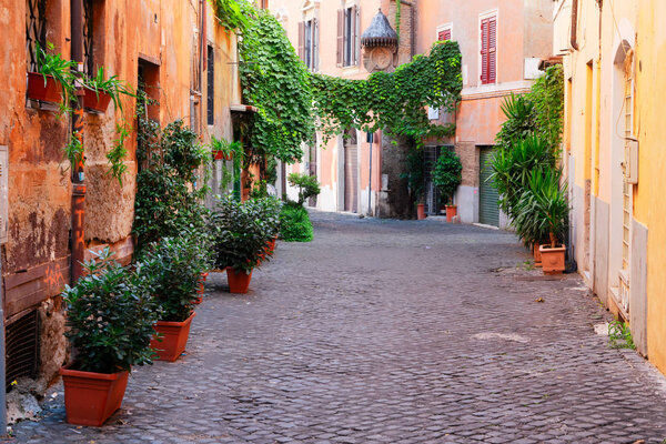 View of old town italian pedestrian street in Trastevere, Rome, Italy