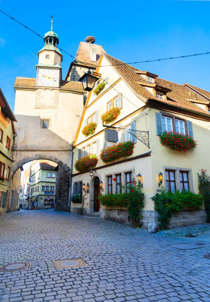 Small cosy street with half-timbered houses of Rothenburg ob der Tauber, Germany