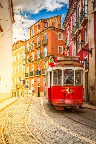 Tram on narrow street of Alfama, Lisbon — Stock Photo, Image