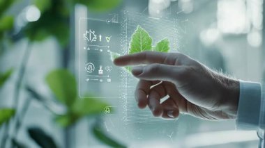 Bir el, bitkilerin veri analizinde gelişmiş teknolojileri gösteren canlı dijital bir yaprak görüntüsüyle etkileşime girer.