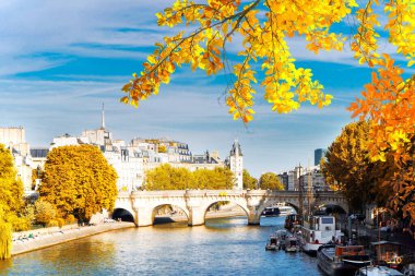 köprü Pont Neuf ve Demirli tekneler ile Seine nehri, Paris, Fransa sonbaharda