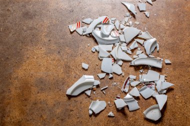 Pieces of shattered dishes. Fragments of the broken white ware on the floor. clipart
