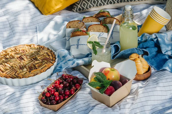 Juego de picnic de verano con mantel a cuadros y comida saludable —  Fotos de Stock