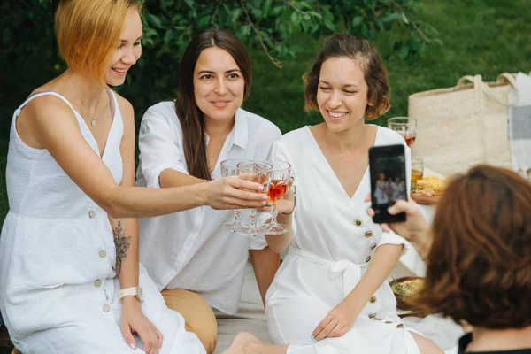 Three young women making a toast during picnic, while forth is taking a picture — Stock Photo, Image