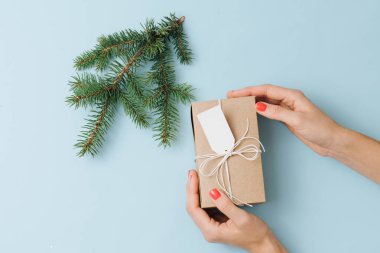 Kadın elleri, mavi arka plan üzerinde köknar dalı yanında hediye kutusu yerleştirerek