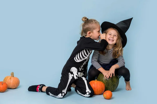 Due simpatici bambini in costume da strega e scheletro spettegolano su sfondo blu — Foto Stock