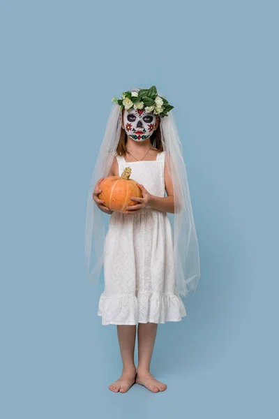 Retrato de larga duración de una chica con una calabaza en un traje de novia muerta — Foto de Stock