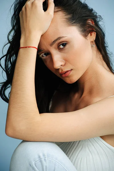 Side Portrait Hot Beautiful Brunette Serious Face Expression White Vitiligo — Stock Photo, Image