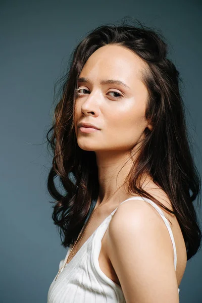 Side Portrait Beautiful Stunning Brunette Serious Face Expression White Vitiligo — Stock Photo, Image