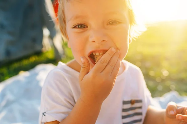 Close Portrait Little Blond Toddler Boy Stuffing His Mouth Food — Stock Photo, Image