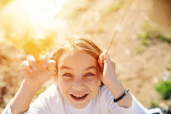 Happy Little Schoolgirl Picture Taken Blurry Cereal Fluffy Ears Foreground — Stock Photo, Image