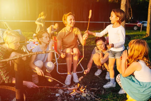 Arkadaşlar Aile Şenlik Ateşinin Etrafında Toplandı Piknik Yaptılar Şenlik Ateşinde — Stok fotoğraf