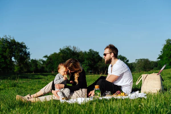 A család a piknik alatt egy takarón pihen, ropogós kenyérrel eteti a babát. — Stock Fotó