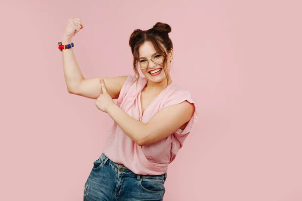 Eccentric Overly Happy Young Woman Glasses Two Buns Her Head — Stock Photo, Image