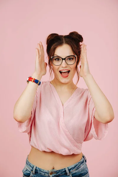 Eccentric Overly Happy Young Woman Glasses Two Buns Her Head — Stock Photo, Image