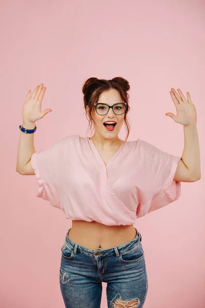 Playful Eccentric Overly Happy Girl Hands Pink Background Her Belly — Stock Photo, Image