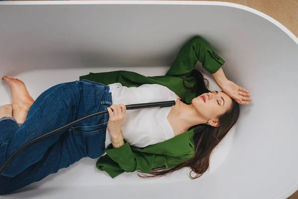 Gorgeous Sensual Young Woman Resting Empty Bathtub Napping Her Eyes — Stock Photo, Image