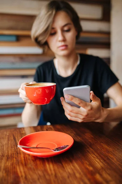 Worried Attractive Young Woman Drinking Coffee Corner Cafe Watching Time — Stock Photo, Image