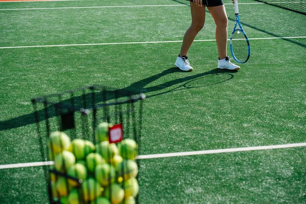 Tennis Ball Basket Feet Girl Training Next New Green Court — Stock Photo, Image