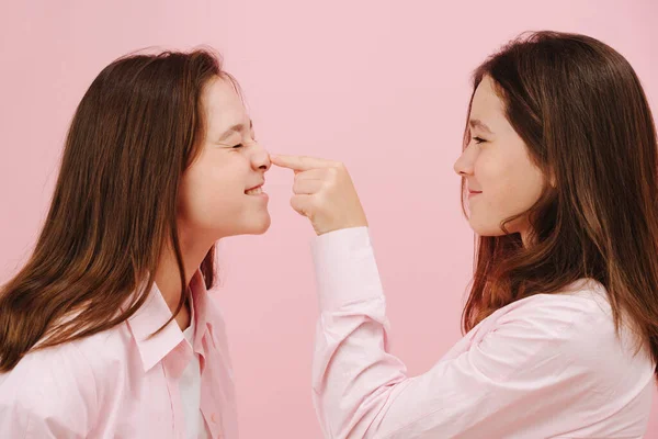 Lindas Irmãs Gêmeas Brincando Alegremente Uma Pressionando Nariz Outro Sobre — Fotografia de Stock