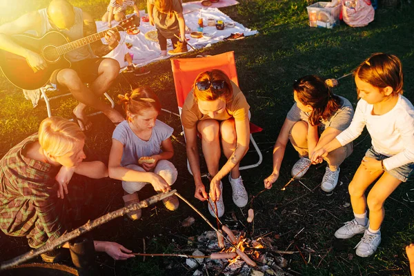 Arkadaşlar Aile Şenlik Ateşinin Etrafında Toplandı Piknik Yaptılar Şenlik Ateşinde — Stok fotoğraf