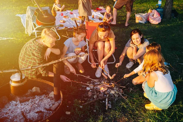 Amigos Familiares Reunieron Alrededor Una Hoguera Haciendo Picnic Están Cocinando — Foto de Stock