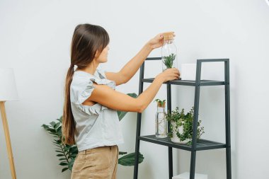 Umursayan genç bir kadın oturma odasındaki rafa küçük bir bitkiyle cam şişeyi yavaşça yerleştiriyor.