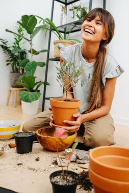 Oturma odasında açık açık gülümseyen genç kadın ev bitkilerini yeniden dikmekle meşgul.
