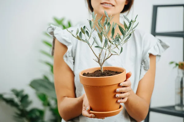 一个女人手拿盆栽摆姿势的正面形象。脸的一半 — 图库照片