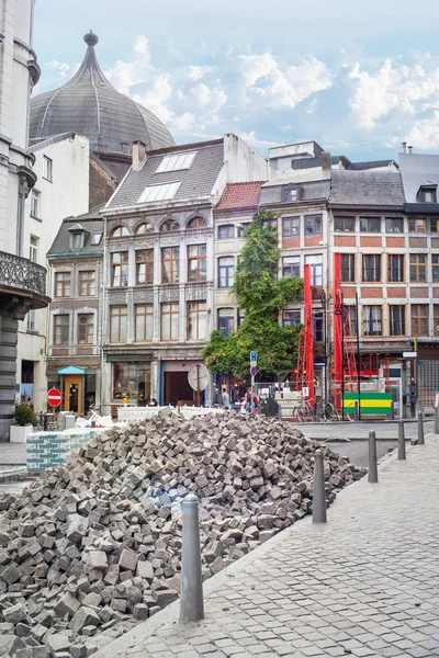 Paving works on the street of the old town of Liege.