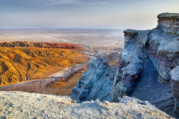 Aerial View Bizarre Layered Mountains Desert Park Altyn Emel Kazakhstan — Stock Photo, Image