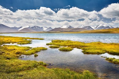Mountain Lake in the valley against cloudy sky in Kyrgyzstan clipart