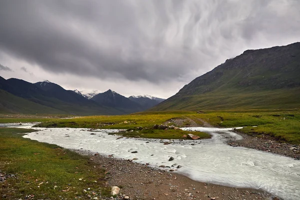 Rivière Eau Vive Dans Vallée Montagne Avec Ciel Nuageux Couvert — Photo