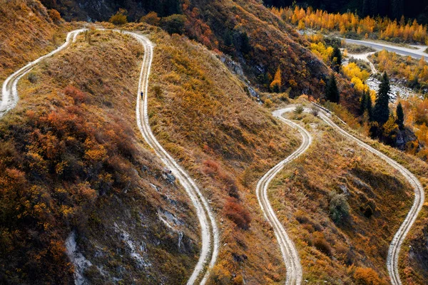 Aerial view of runner athlete running on the serpentine road in the mountains