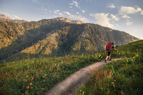 Man Dreadlocks Red Backpack Hike Mountain Path Sunset Sky Background — Stock Photo, Image