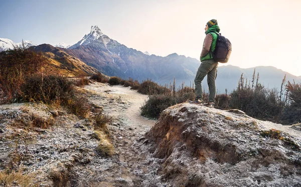 Turista Com Mochila Desfrutando Vista Montanha Nevada Himalaia Machapuchare Nepal — Fotografia de Stock