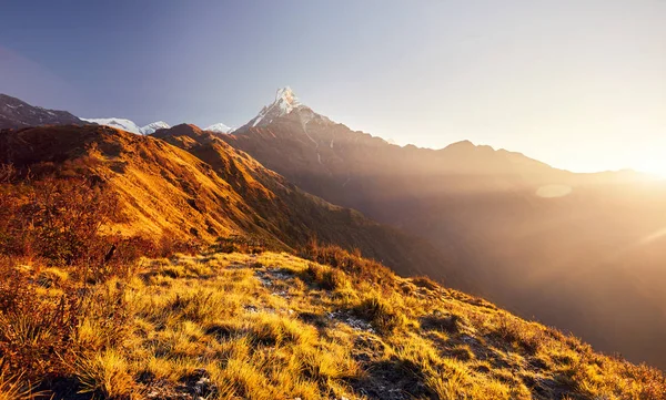 Vackra Landskapet Himalaya Bergen Fishtail Machapuchare Vid Soluppgången Nepal — Stockfoto