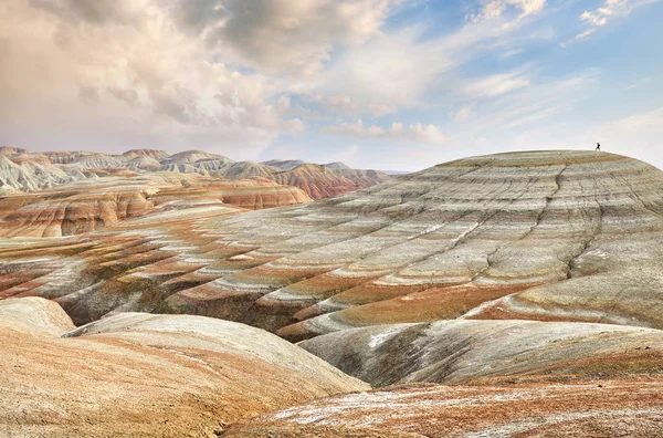 Small Tourist Walking Surreal Yellow Mountains Desert Park Altyn Emel — Stock Photo, Image