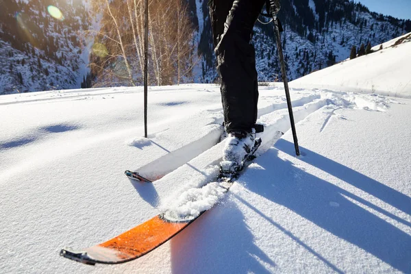 Man Verse Poeder Sneeuw Bergen Skiën Close Shot Lage Hoek — Stockfoto