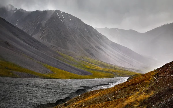 Rivière Eau Vive Dans Vallée Montagne Avec Ciel Nuageux Couvert — Photo