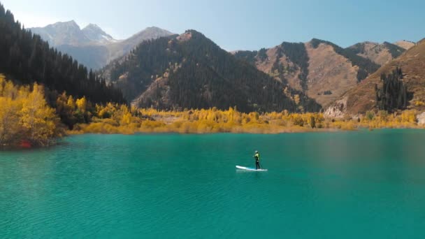 Человек гребешком на доске соплей в горном озере — стоковое видео
