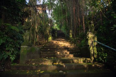 Merdivenler boyunca eski beton heykeller. Bali, Endonezya.