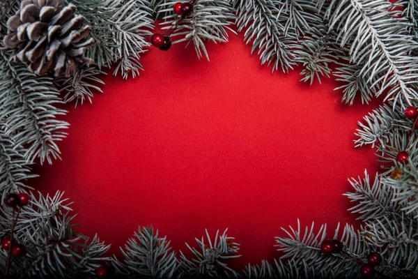 Noel köknar ağacı kırmızı zemin üzerine. Noel kartı