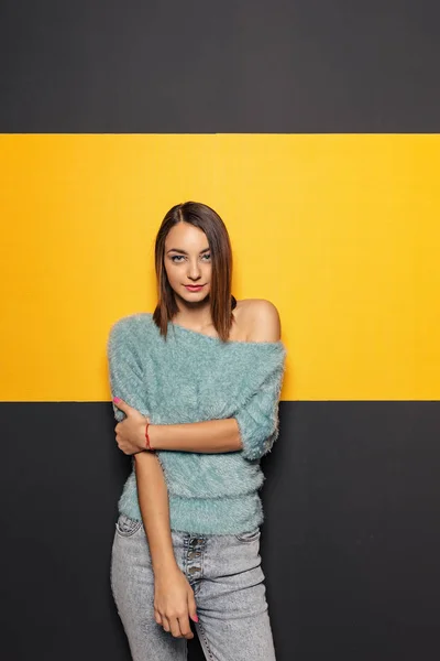 Pretty young lady fooling around in studio — Stock Photo, Image