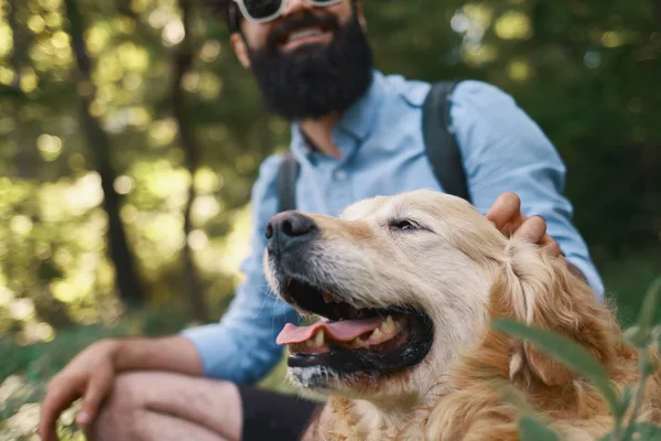 Köpek ve onun sahibi - serin köpek ve genç adam eğleniyor — Stok fotoğraf