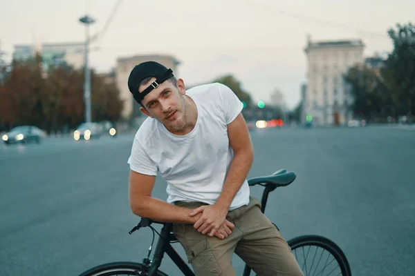 Outdoor Portrait Modern Young Man Street Sitting Bike Young Athletic — Stock Photo, Image